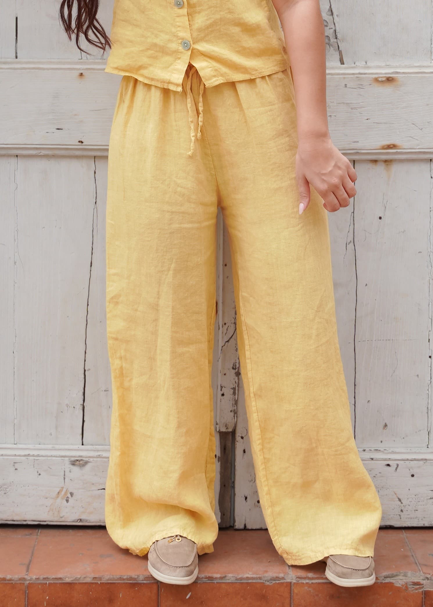 Pantalon Lino Amarillo Pierna Ancha