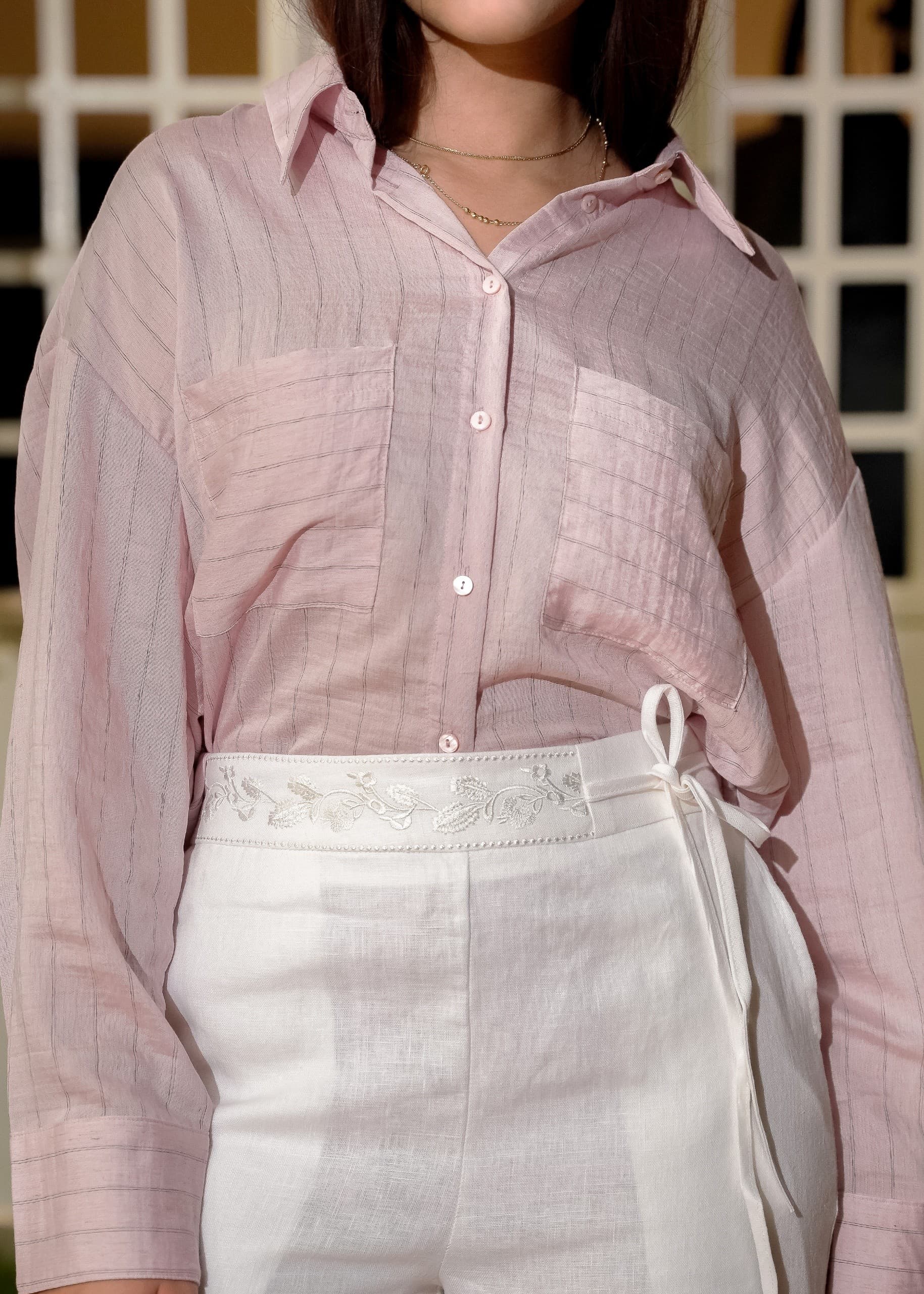 Camisa Lino Rosa Rayas