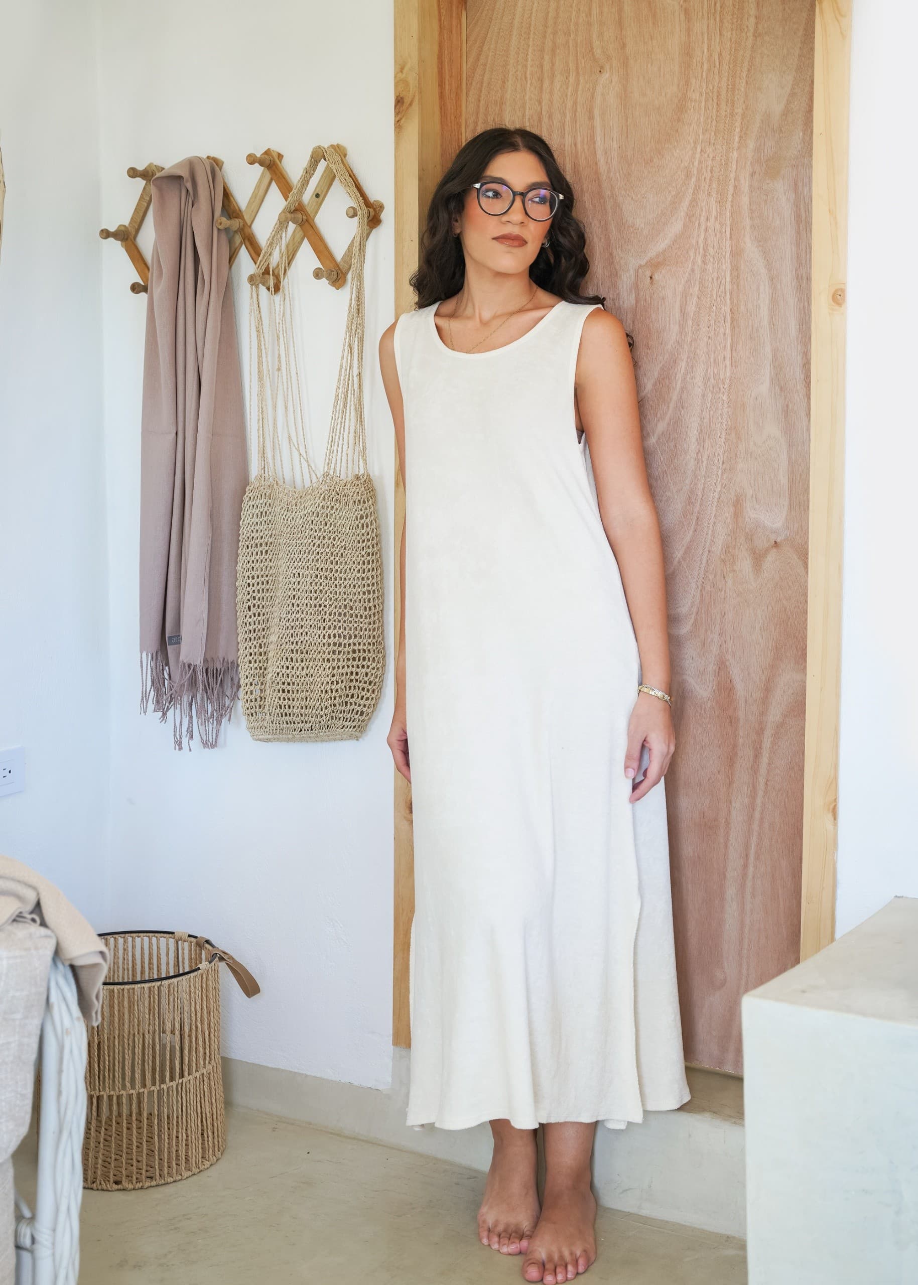 Vestido Maxi Blanco y Verde Sin Mangas