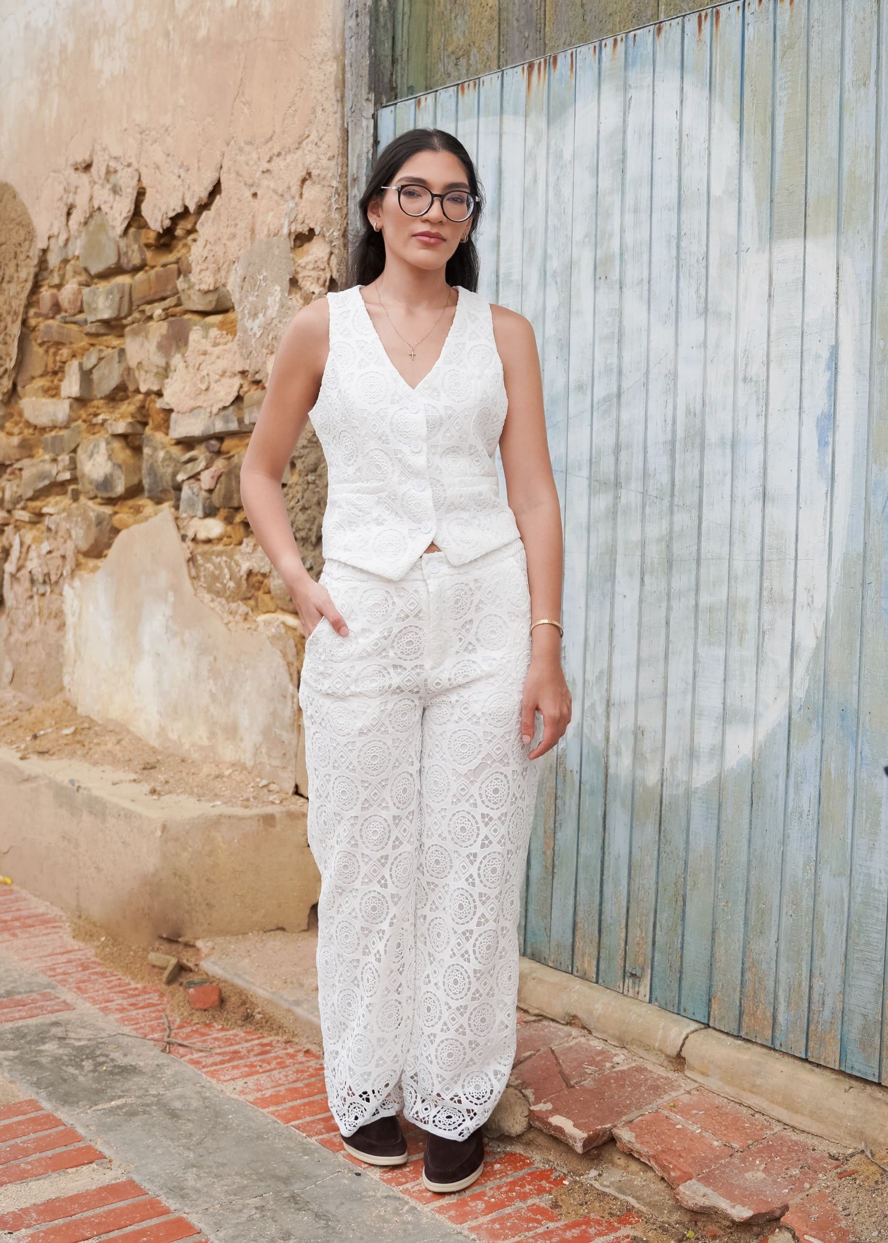 Conjunto Calado Blanco Pantalon 2 Piezas